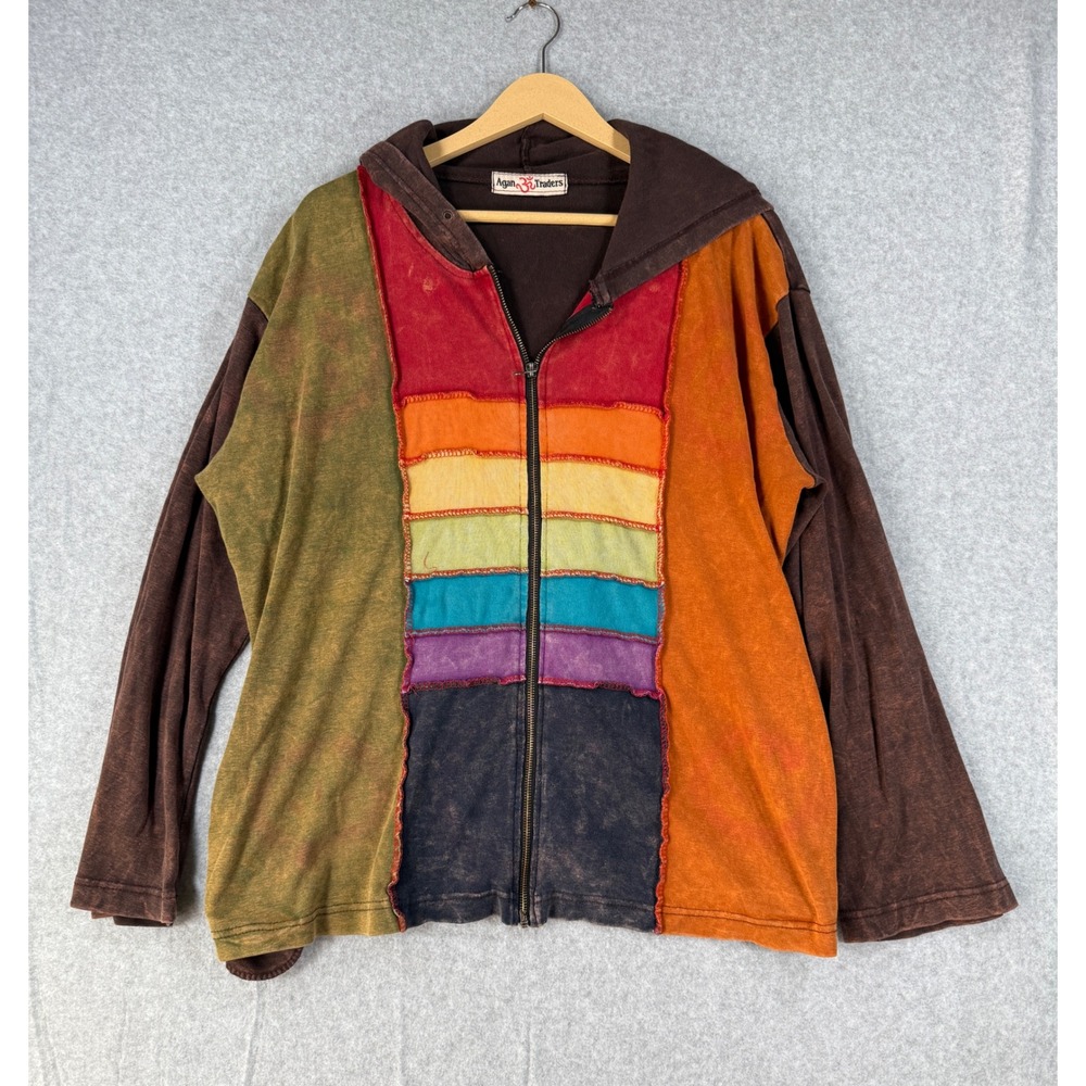 Agan Traders Large Hoodie Patchwork Boho Rainbow Cotton Zip Up Jacket